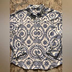 Zara White & Royal Blue Eyelet Embroidered Blouse